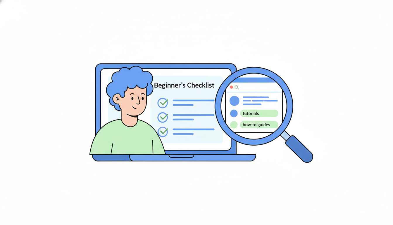 A beginner looking at a checklist on a laptop screen, with magnifying glass and search engine result page, flat illustra