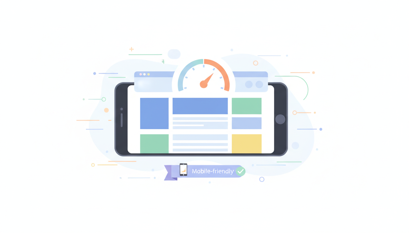 A smartphone displaying a fast-loading website, with a speedometer icon and mobile-friendly label, flat illustration sty