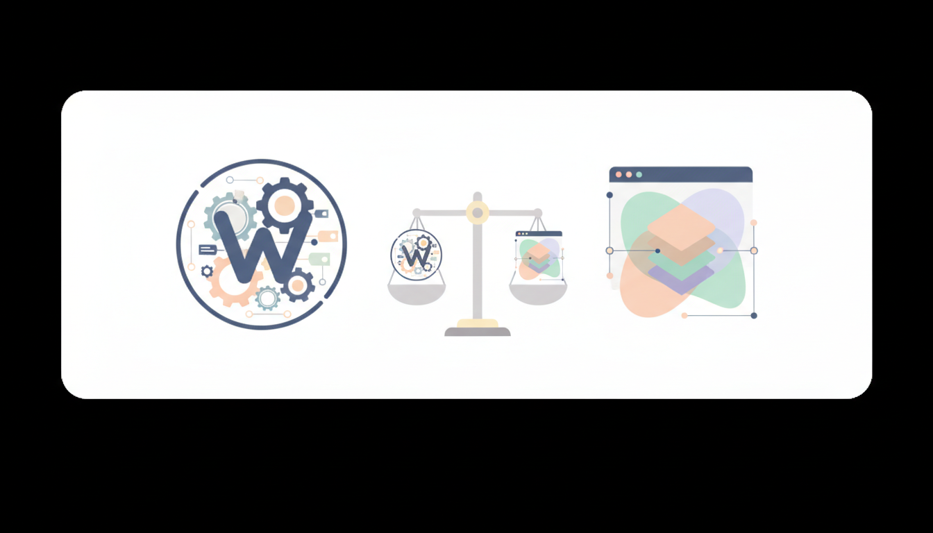 A split screen illustration: left side shows a WordPress logo with gears and plugins, right side shows a STUDIO logo wit