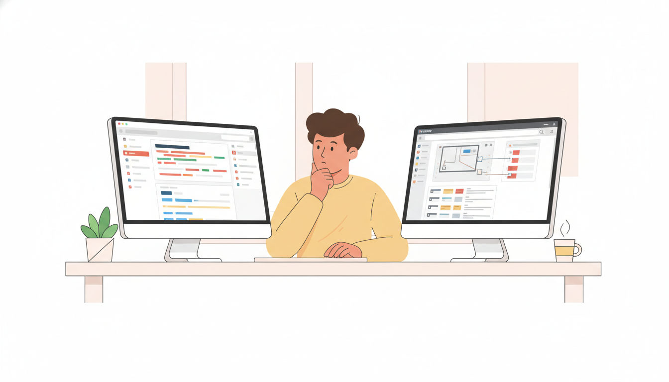 A person sitting at a desk with two monitors: left monitor shows WordPress dashboard with many menus, right monitor show