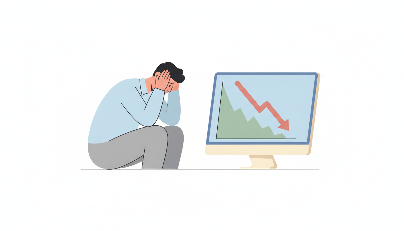 A businessperson looking at a computer screen showing a graph with a downward arrow, looking disappointed, flat illustra