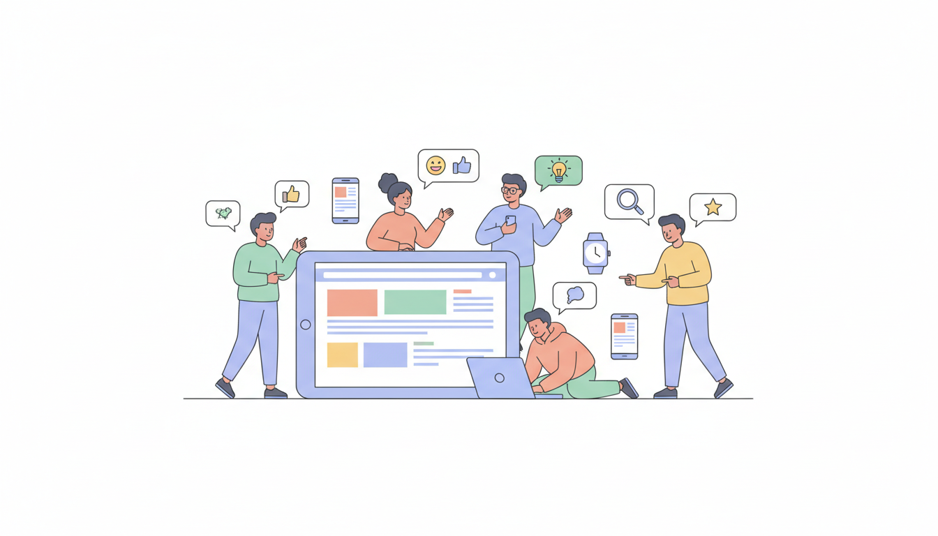A team of people testing a website on various devices, with speech bubbles showing feedback, flat illustration, bright c