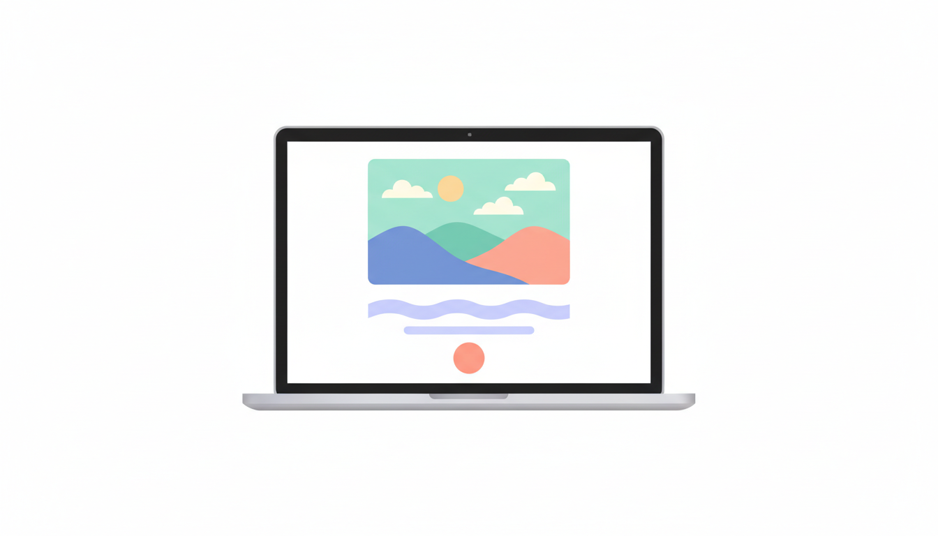 a laptop screen showing a landing page with a hero image, headline, and CTA button, flat illustration style, bright colo