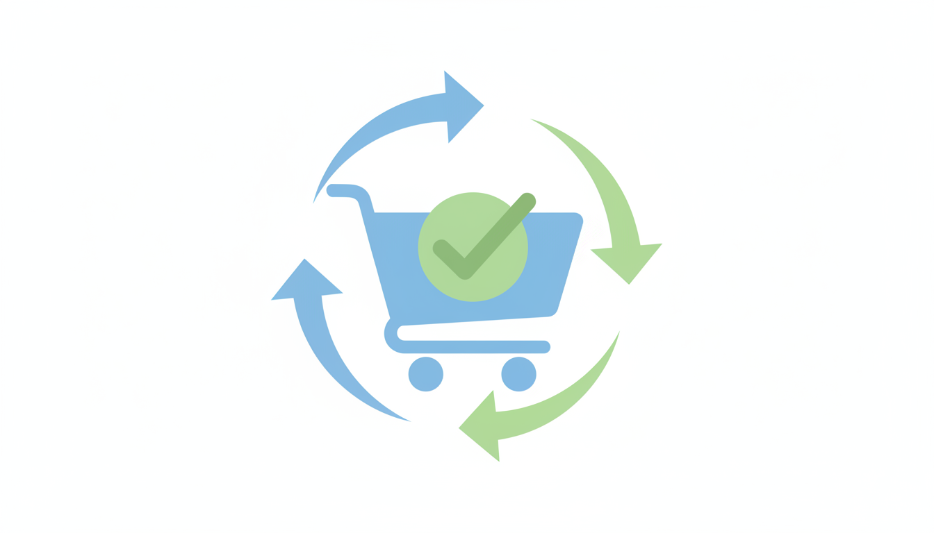 A simple illustration of a shopping cart icon with a checkmark, surrounded by arrows indicating a smooth flow, flat styl