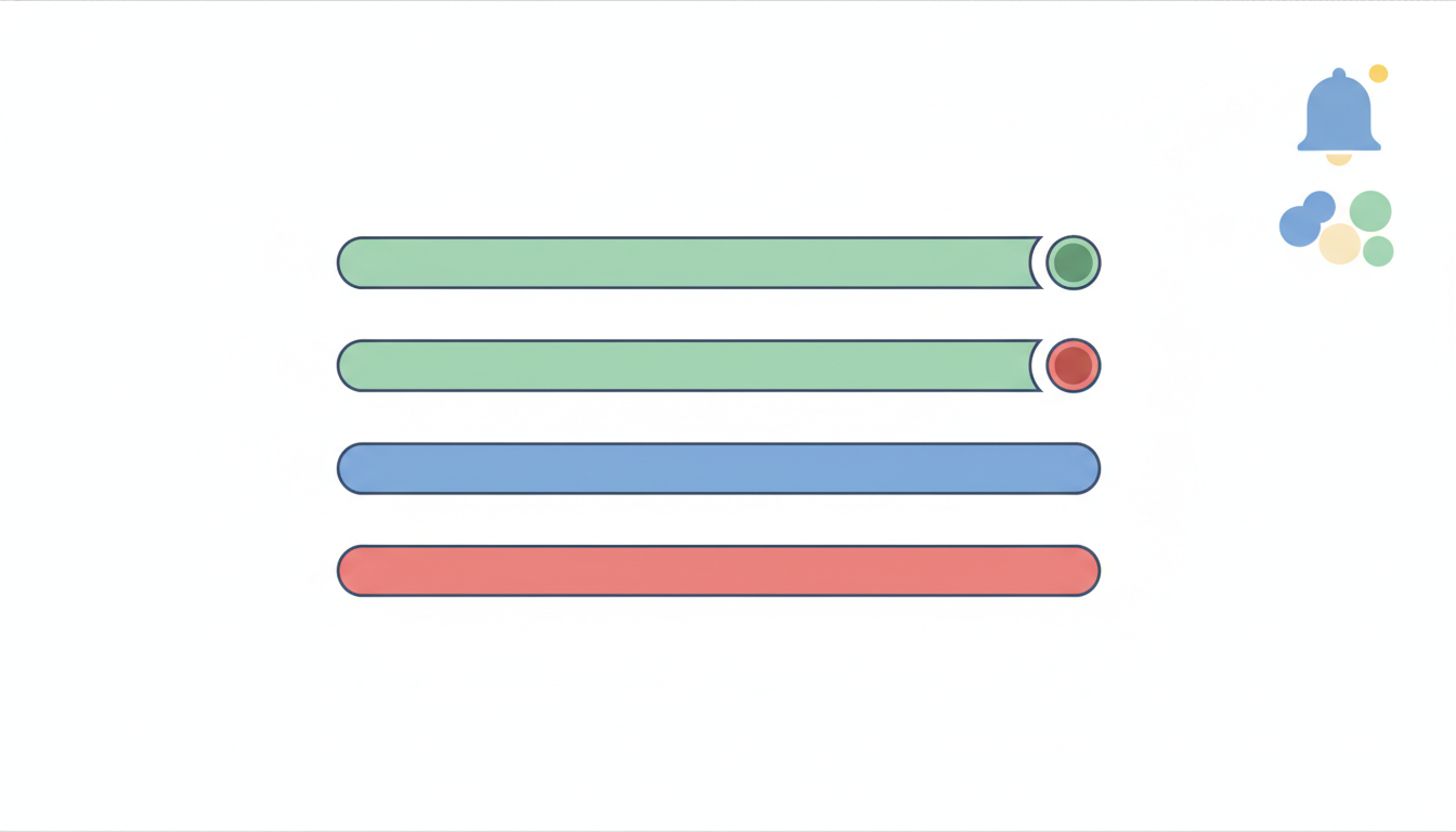 A dashboard interface showing stock levels with green and red indicators, plus a notification bell, vector illustration 
