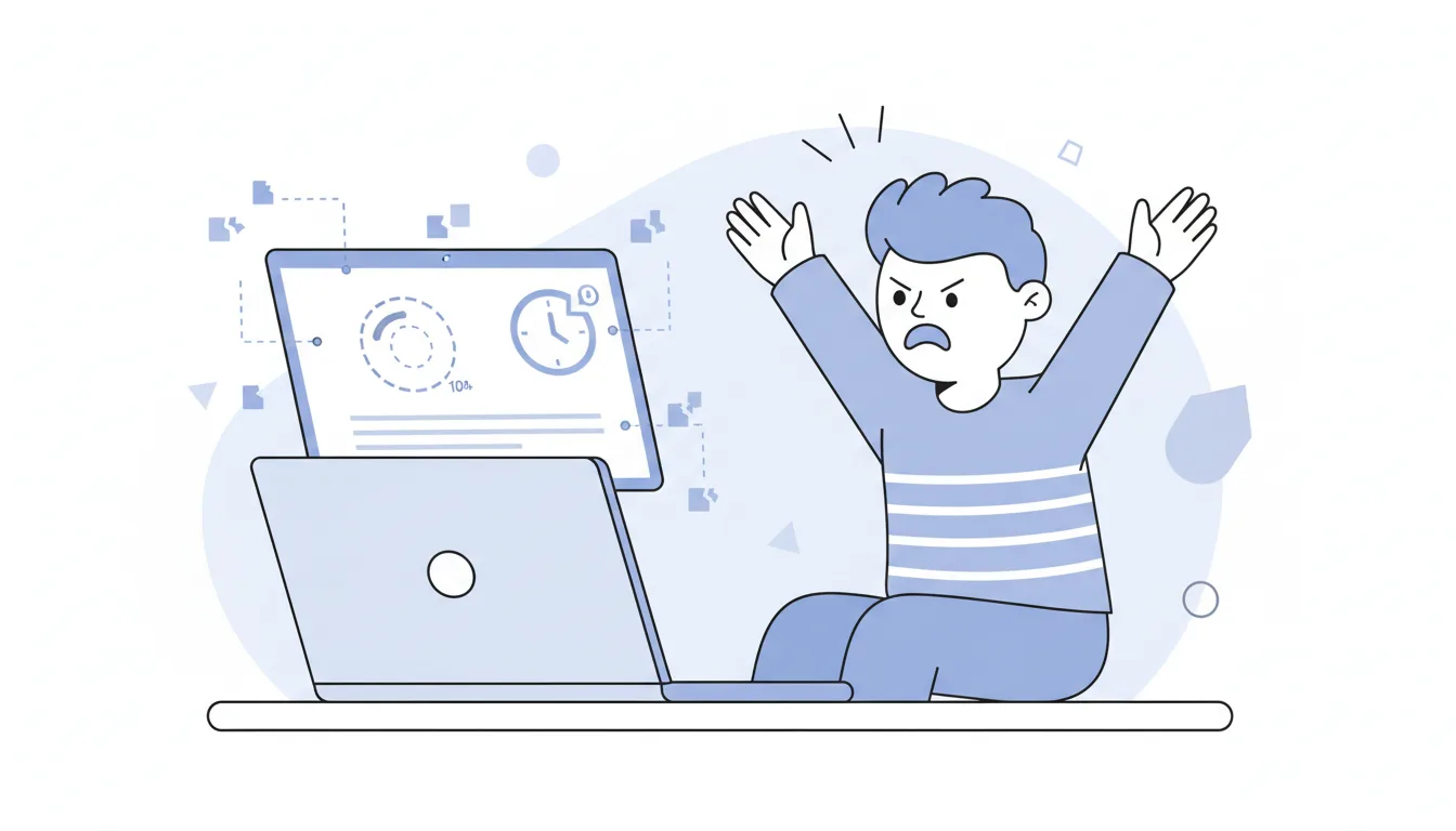 A website loading slowly on a laptop with a frustrated user, flat illustration style, blue and gray tones