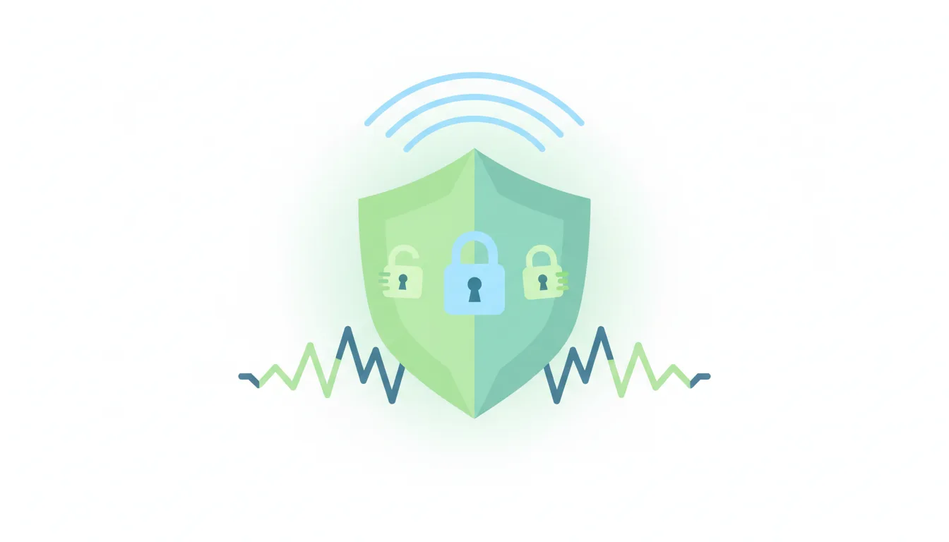 A shield icon protecting a website from cyber attacks, with lock symbols, flat illustration style, green and blue colors
