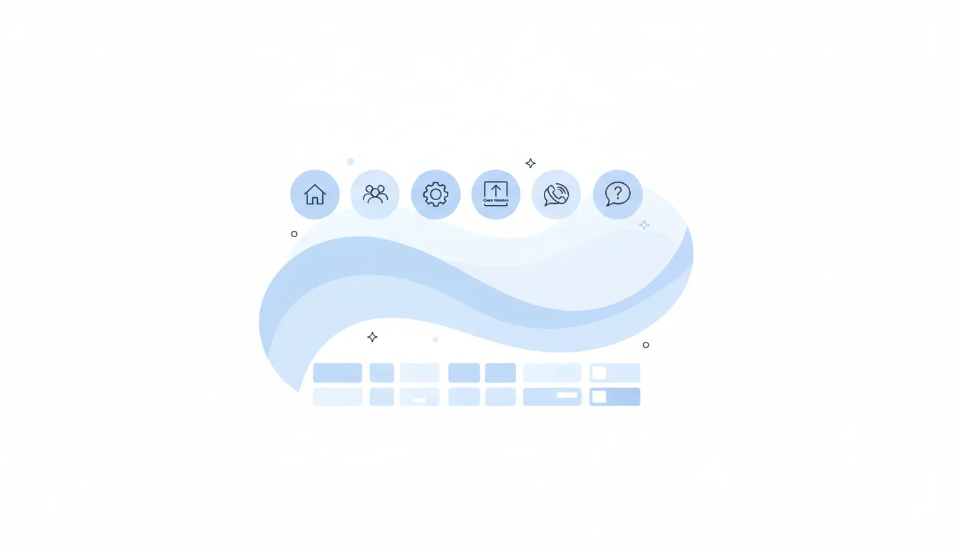 A modern corporate website layout with icons for Home, About, Services, Case Studies, Contact, and FAQ sections, flat il