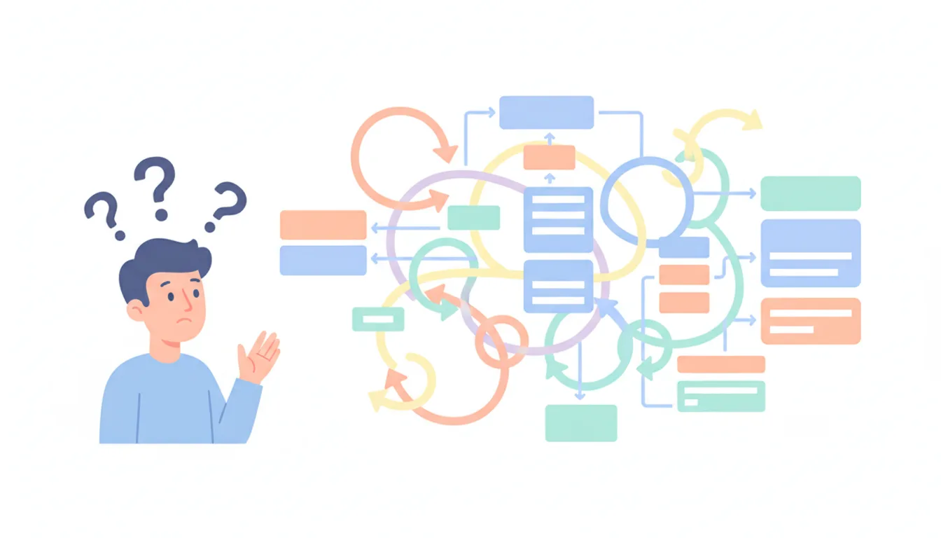 A confused person looking at a messy website sitemap, with arrows going in circles, flat illustration with bright colors