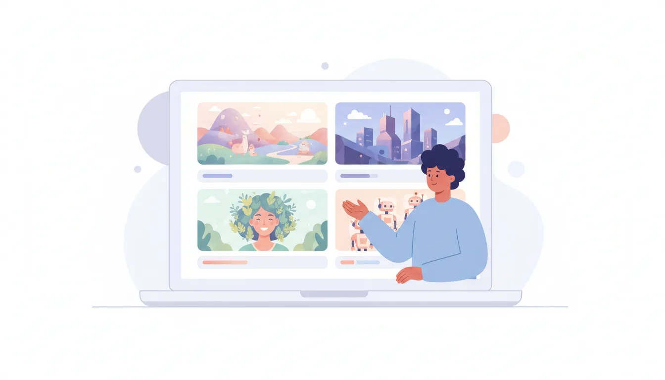 A person comparing multiple AI image generation tools on a laptop screen, each showing different styles of artwork, flat