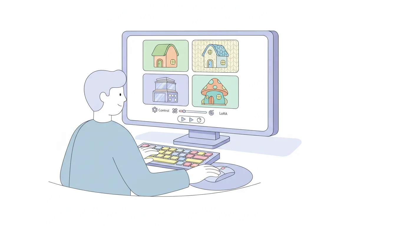 A person using Stable Diffusion with advanced controls like ControlNet and LoRA, showing multiple variations of an image