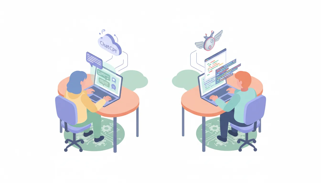 Two people working on laptops, one using ChatGPT for writing, another using Copilot for coding, isometric illustration, 