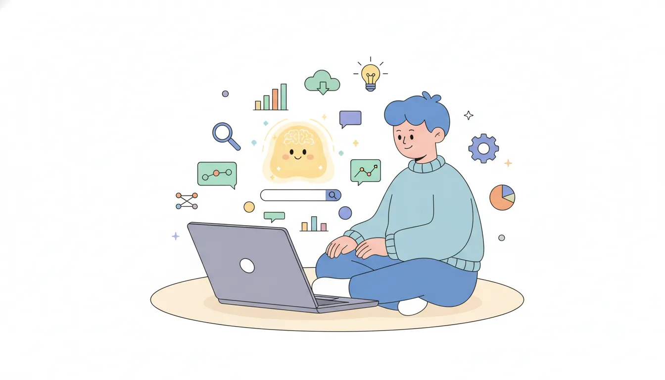 A cartoon character researching with a glowing AI assistant on a laptop screen, surrounded by search icons and graphs