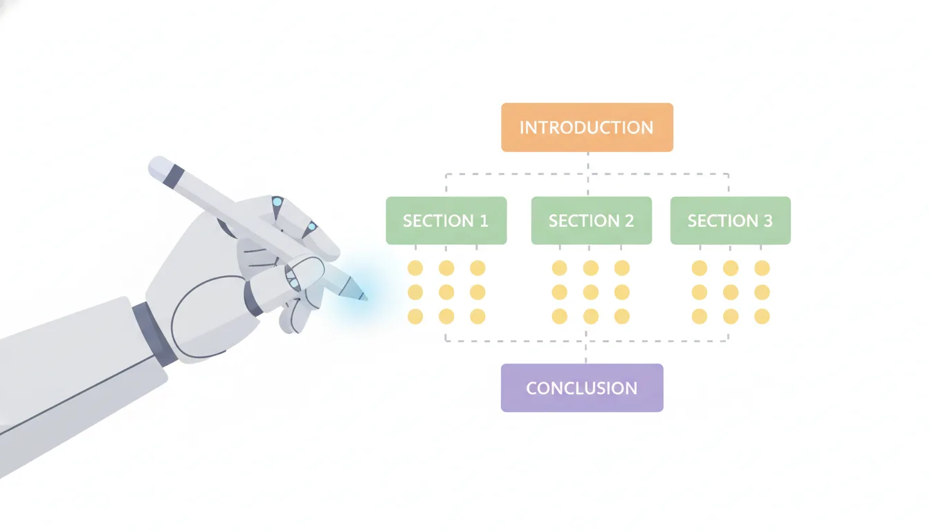 A flowchart of article structure with headings and bullet points, being generated by a robot hand