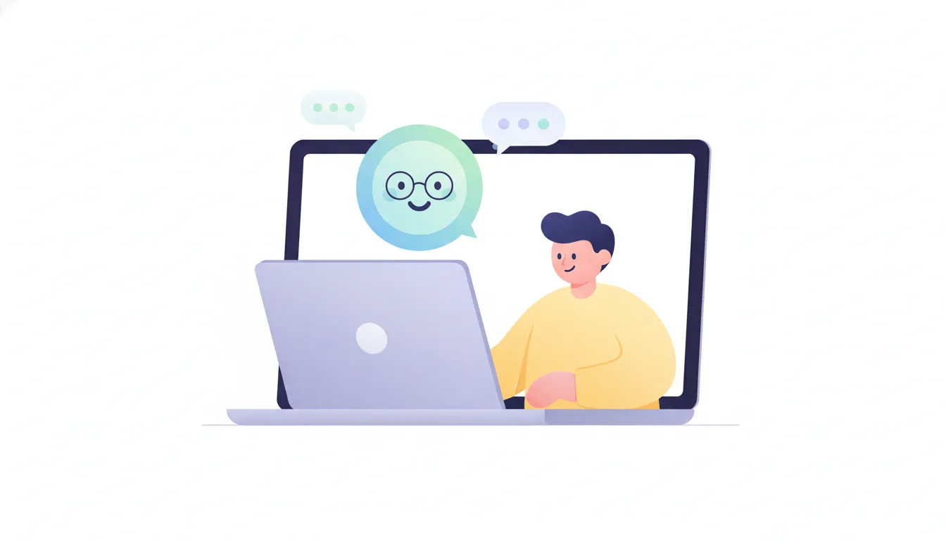 A friendly illustration of a customer support chatbot on a laptop screen, with a happy user, flat design, soft colors