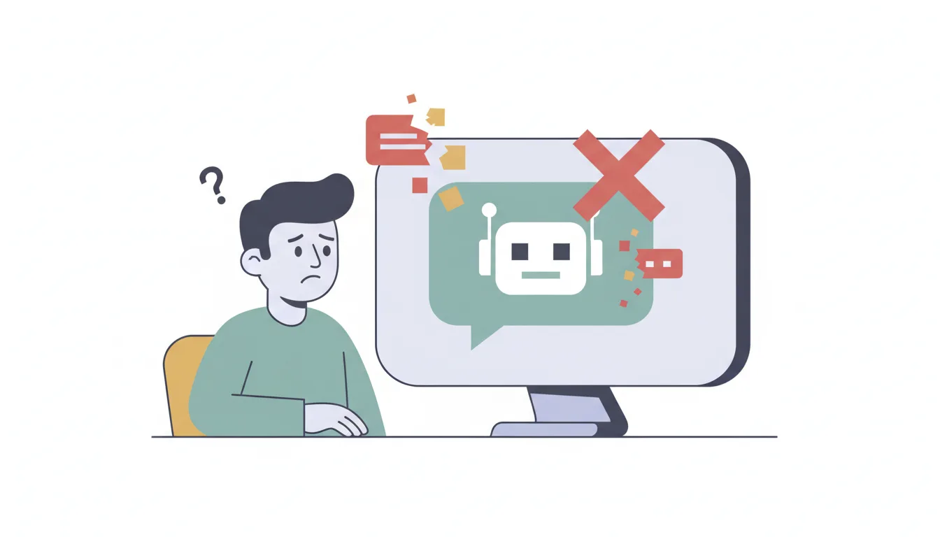 An illustration of a confused user interacting with a chatbot, with error messages, flat style, muted colors