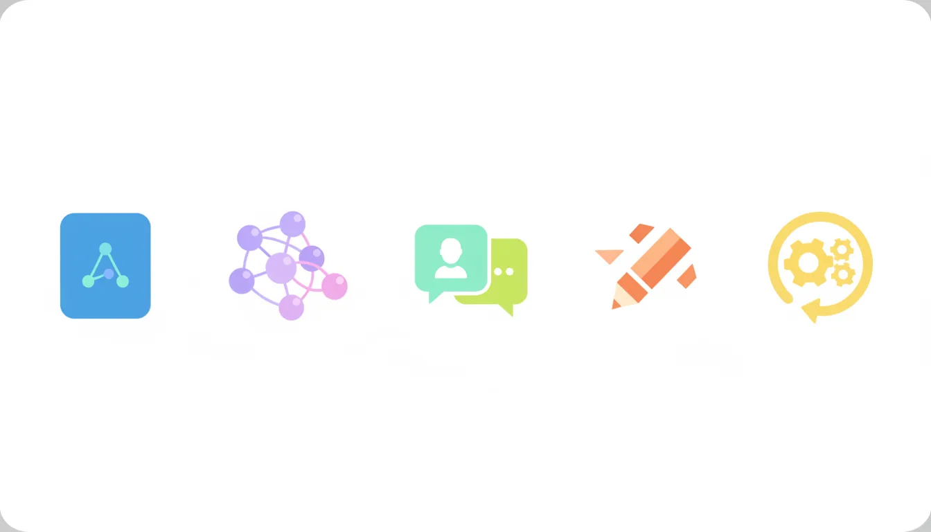 A colorful illustration showing five different AI tool icons representing document, data, chat, design, and automation, 