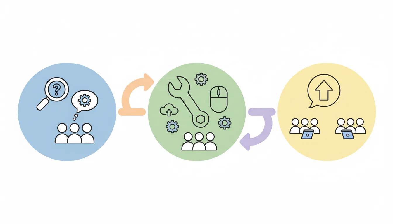 A step-by-step illustration showing three stages: 1. Identify task, 2. Select tool, 3. Train team, with arrows connectin