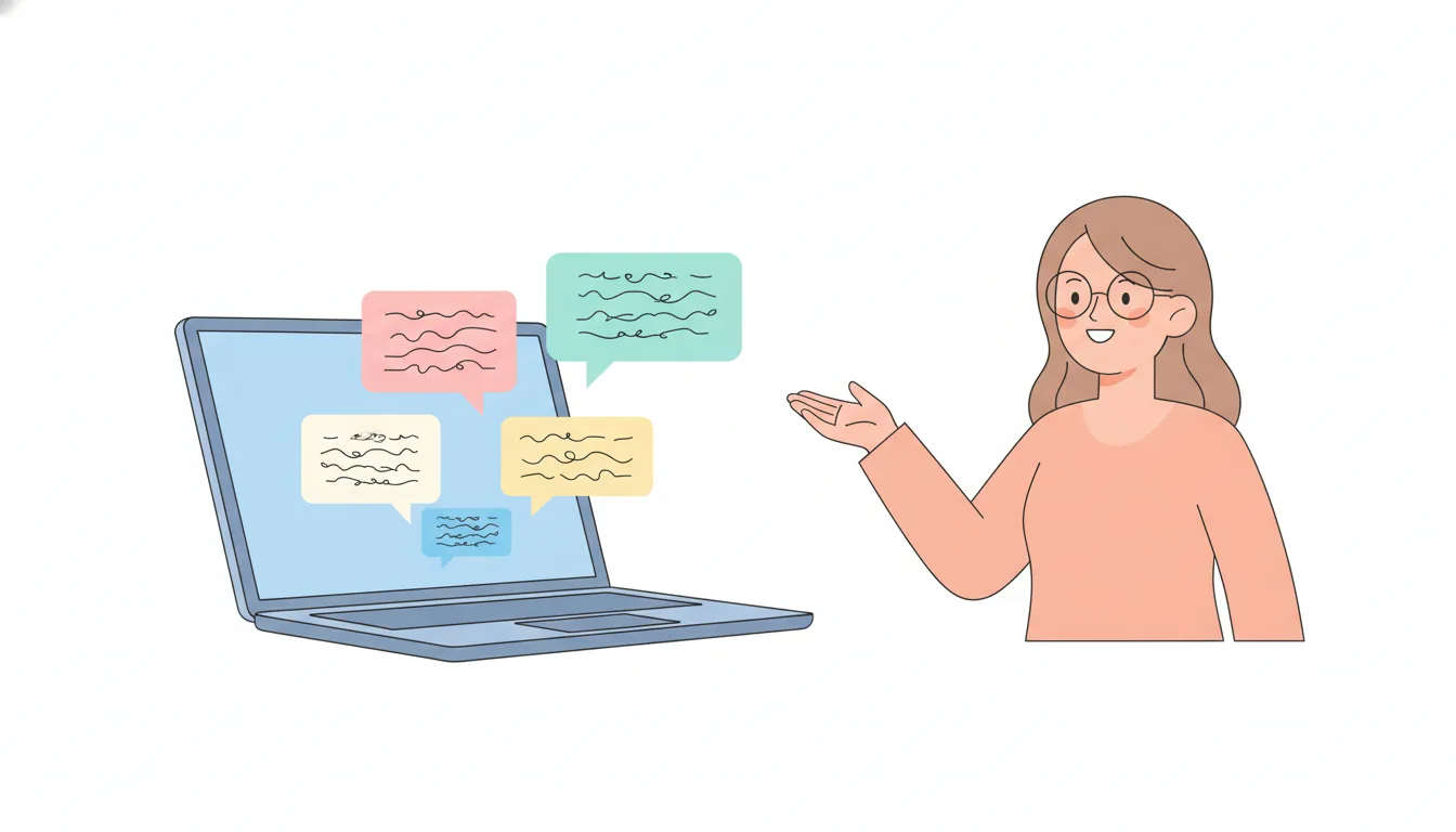 A cartoon illustration of a laptop with AI generating text bubbles and a marketer smiling, flat style, pastel colors