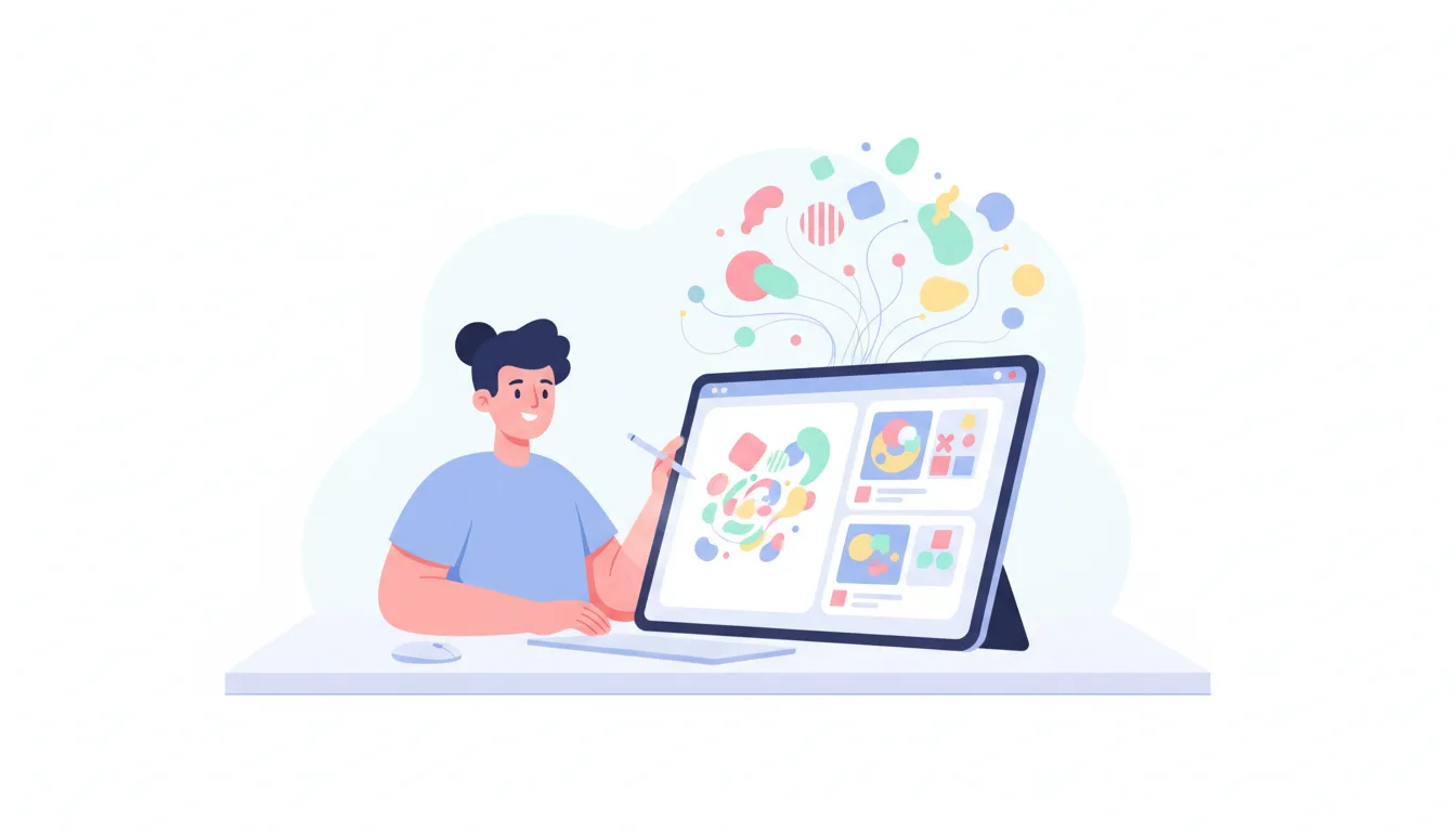 A digital illustration of a person using AI art generator to create social media visuals, with colorful abstract shapes,