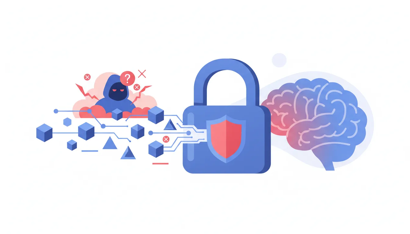 A cartoon illustration of a secure lock protecting data flowing into an AI system, with a hacker silhouette in the backg