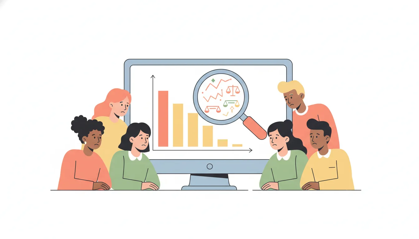 A diverse group of people looking at a computer screen showing biased data, with a magnifying glass highlighting unfair 