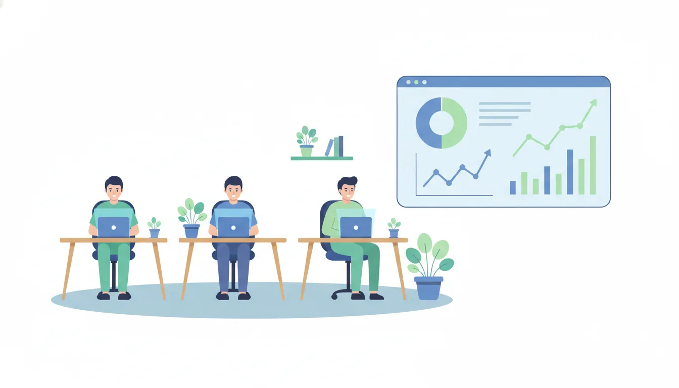 a small business office with employees using laptops and a dashboard showing charts, flat illustration style, blue and g