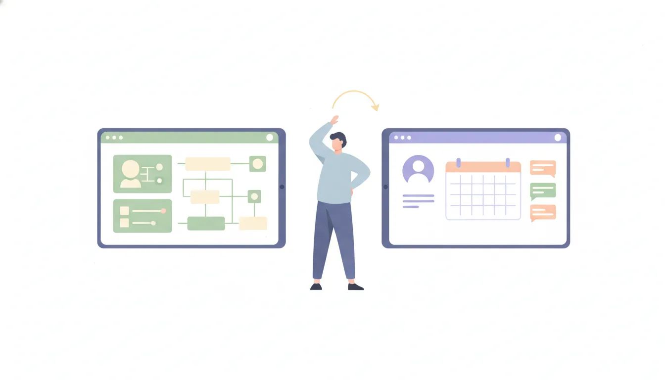a person comparing two screens showing different software interfaces, decision concept, flat illustration
