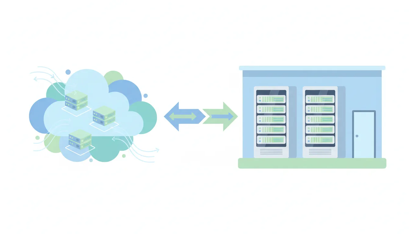 A split illustration showing cloud servers on one side and on-premises server room on the other, with arrows indicating 