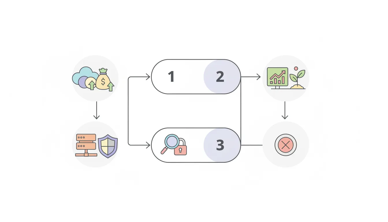 A flowchart with three steps labeled 1,2,3, showing decision points for cloud vs on-premises, minimalistic style, icons 