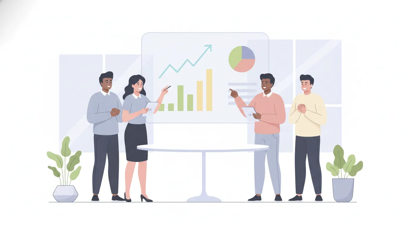 A business team analyzing sales data on a digital dashboard with charts and graphs, flat illustration style, modern offi