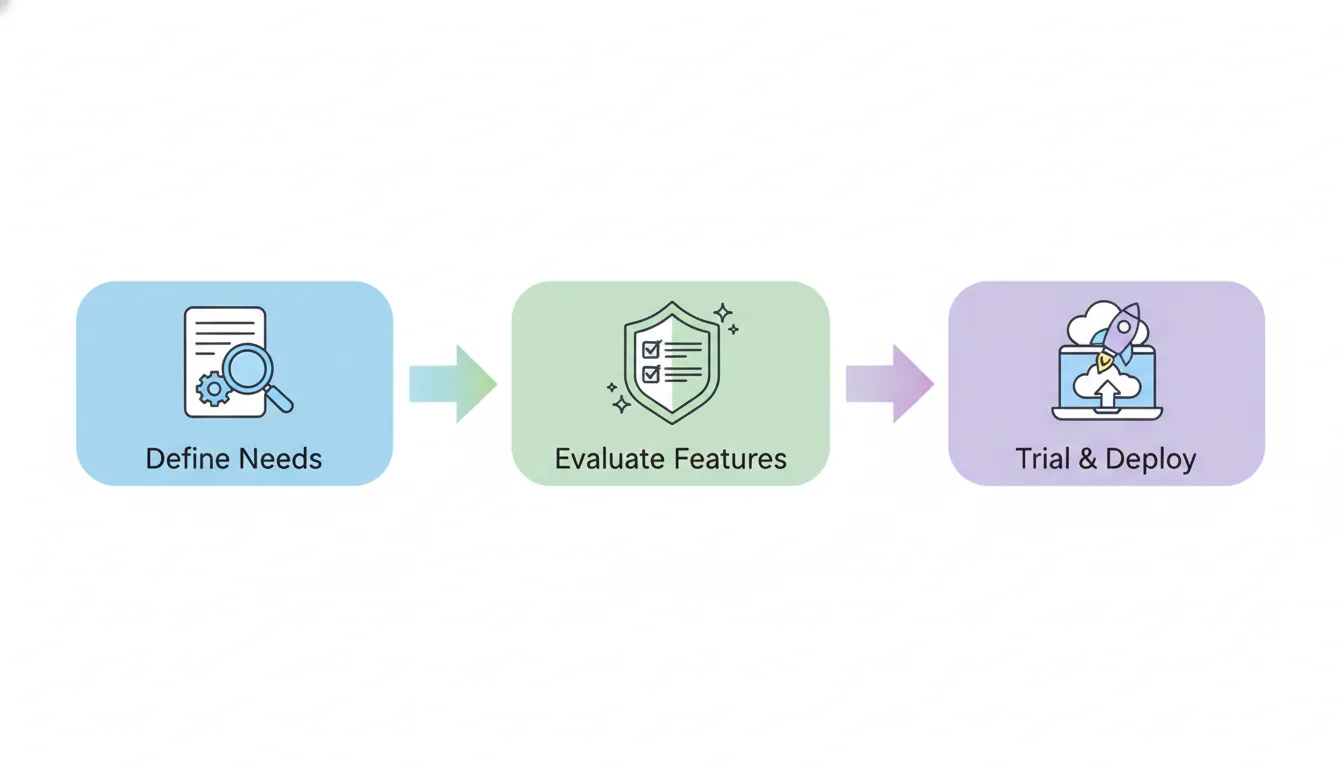 A flowchart showing three steps: Define Needs, Evaluate Features, Trial & Deploy, with icons, clean and professional