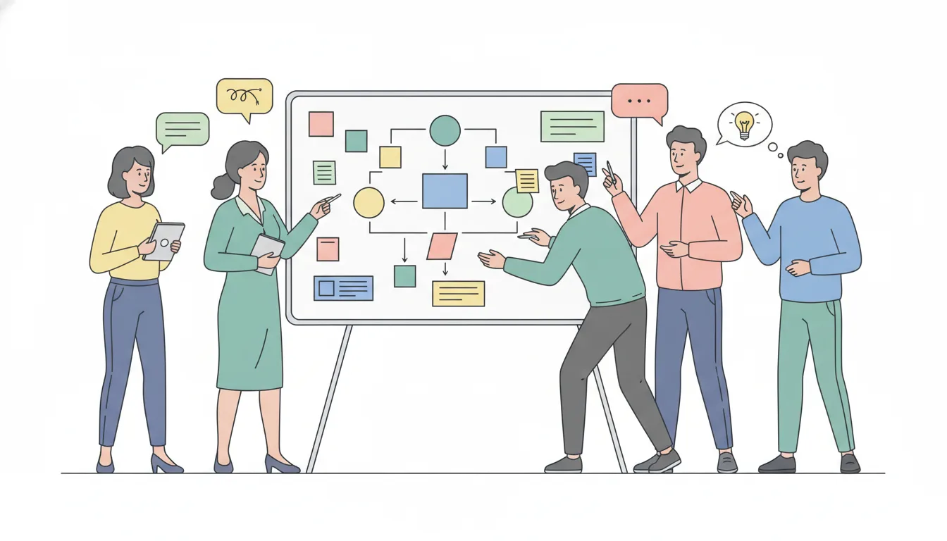 A team of business professionals gathered around a whiteboard discussing system requirements, with sticky notes and flow