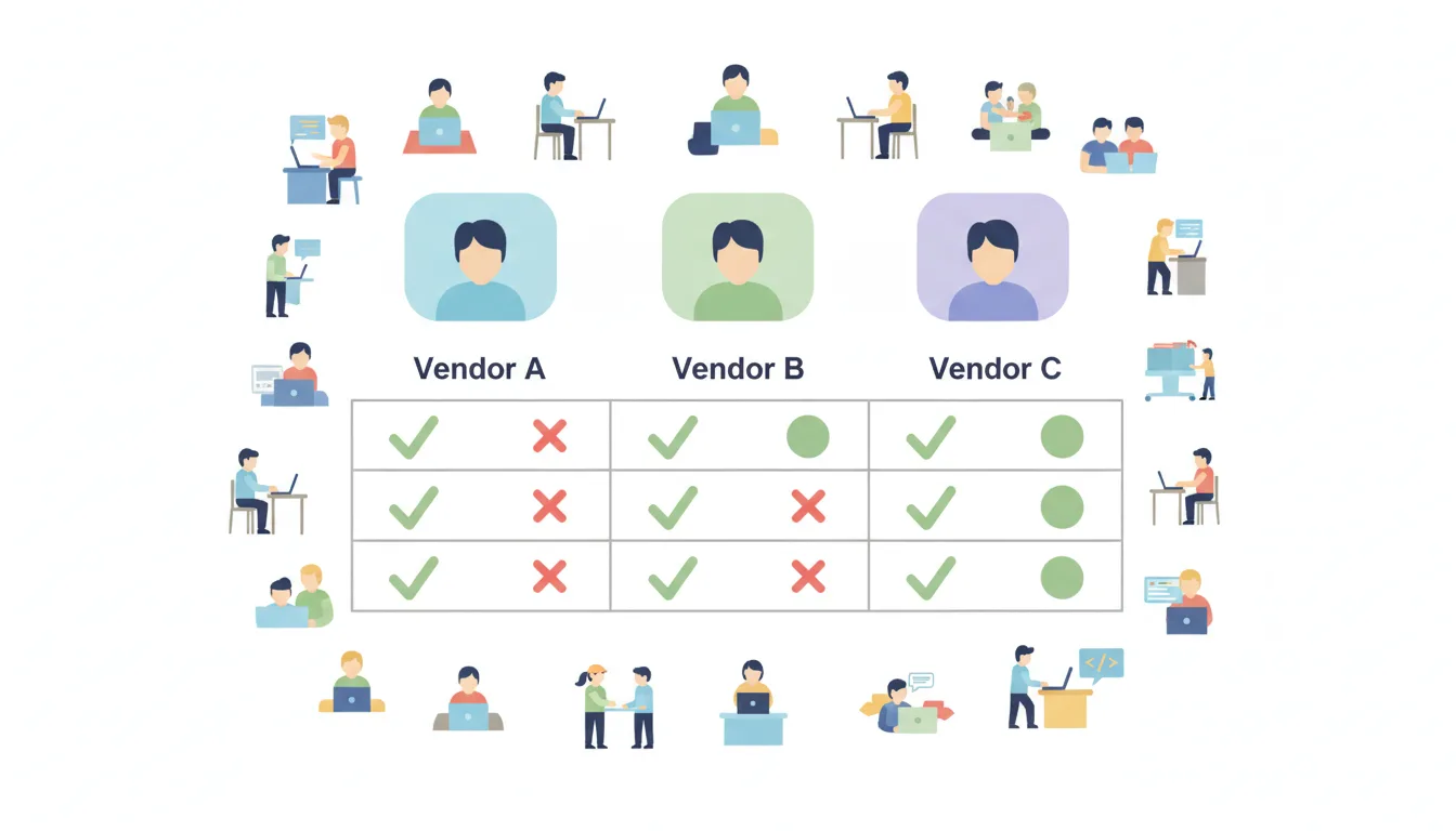 A comparison chart showing different vendor profiles with checkmarks and X marks, surrounded by small icons of software 