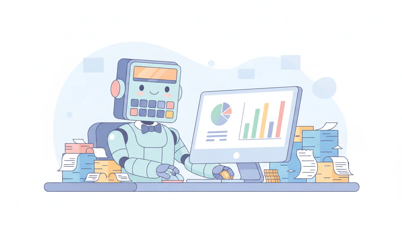 A cartoon illustration of a robot accountant working at a desk with piles of invoices and a computer showing graphs, fla