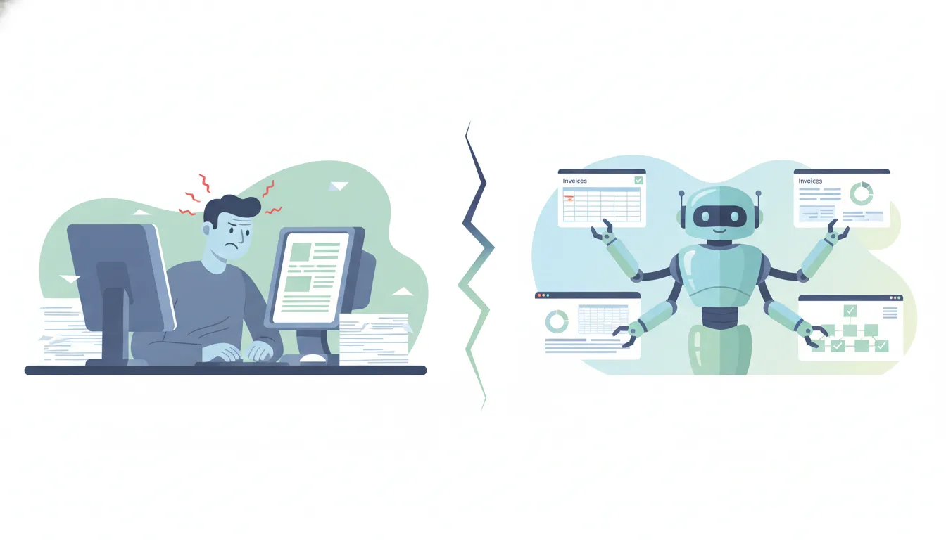A split illustration showing before and after: left side a stressed person doing manual data entry, right side a robot h