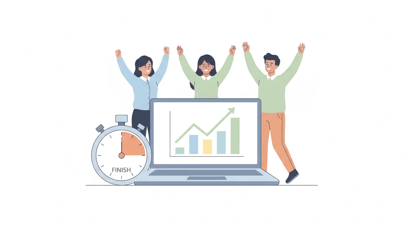 a cartoon illustration of a sales team celebrating with a laptop showing charts and a stopwatch