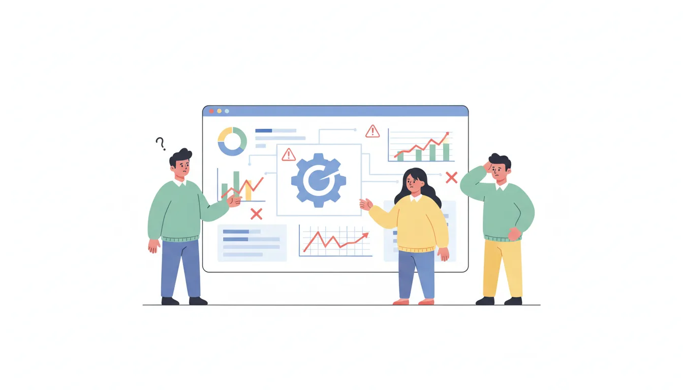 a cartoon of confused office workers looking at a complex dashboard with error signs