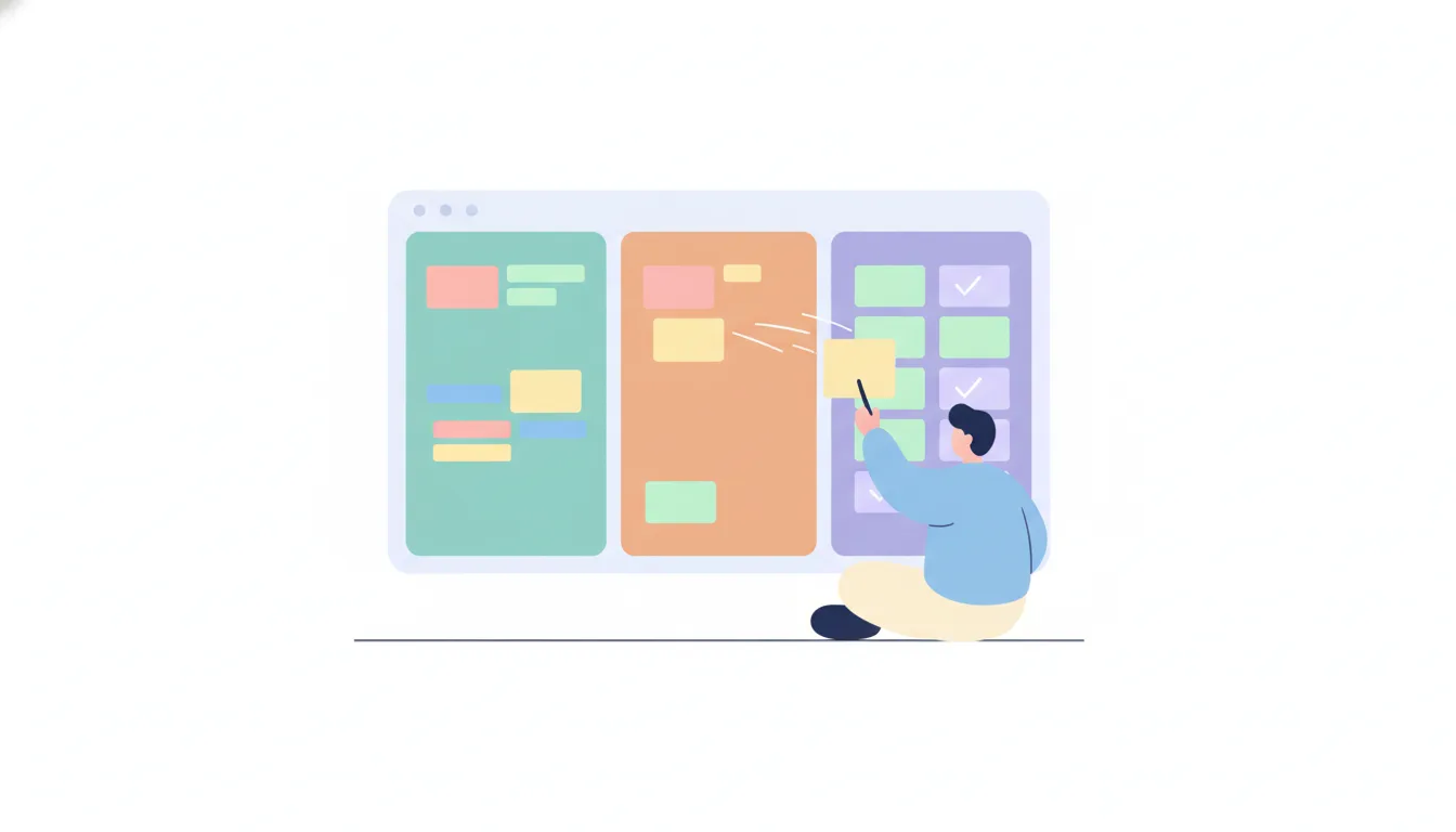 illustration of a person organizing tasks on a digital kanban board with sticky notes, flat style