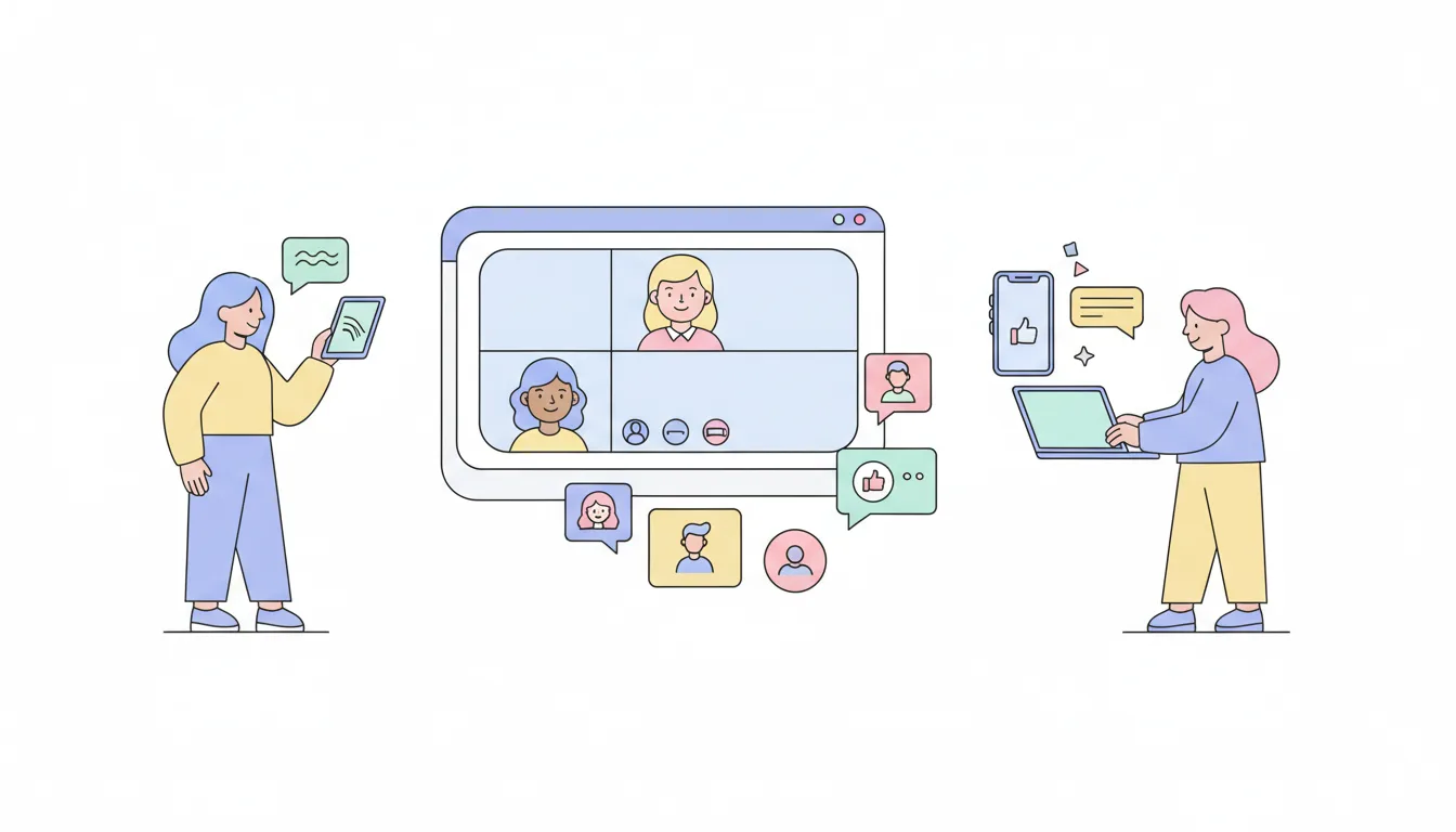 illustration of team members chatting via video call and instant messaging, flat design