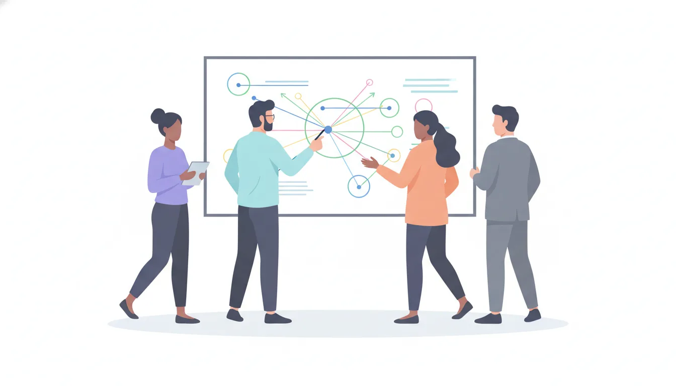 A group of businesspeople discussing goals and requirements in front of a whiteboard with flowcharts, flat illustration 