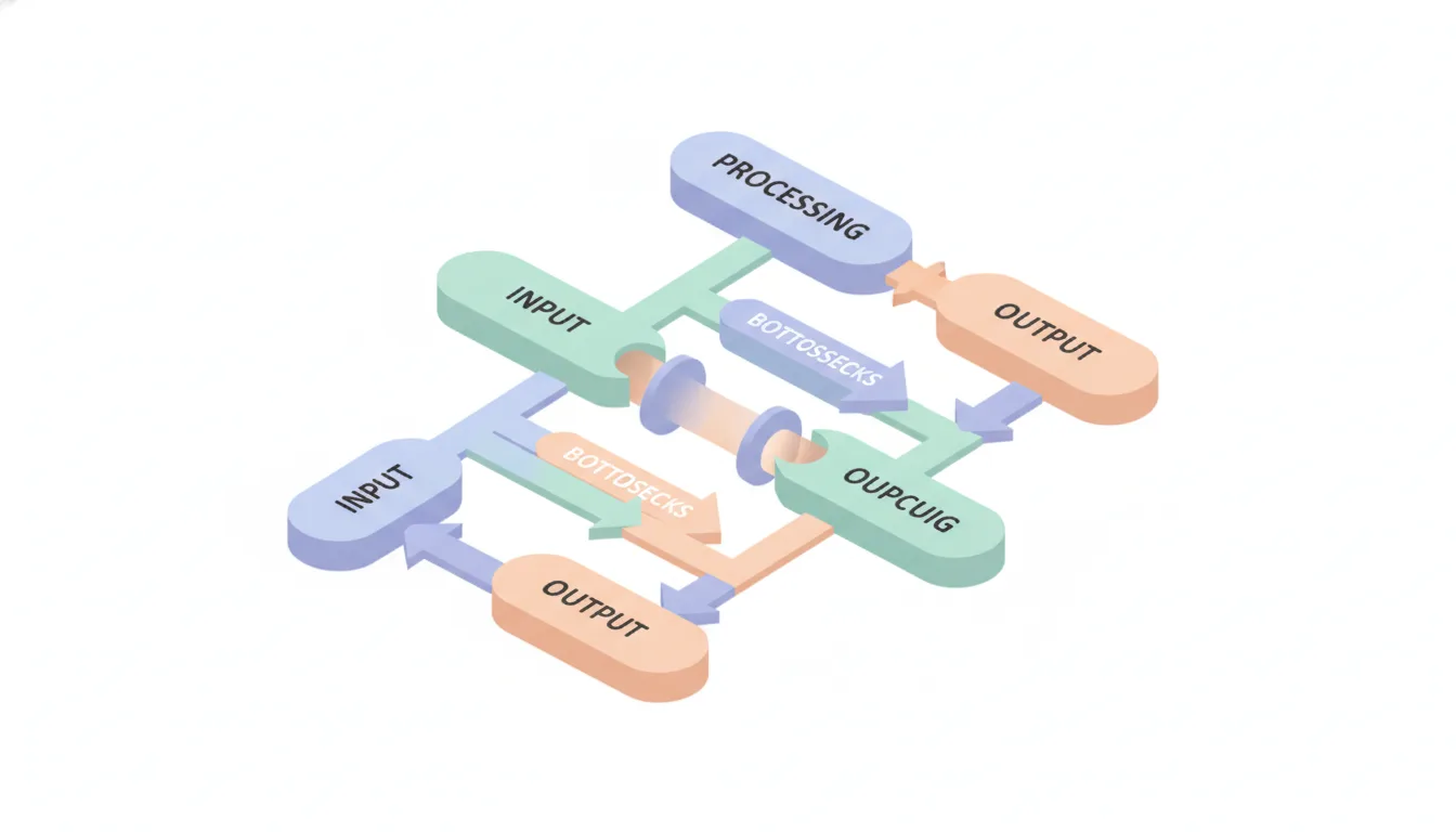 A flowchart showing current business processes with arrows and bottlenecks highlighted, minimalist isometric design