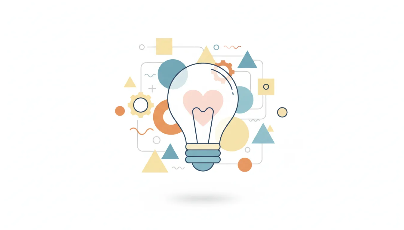 a simple illustration of a lightbulb with a heart inside, surrounded by abstract geometric shapes, representing brand co