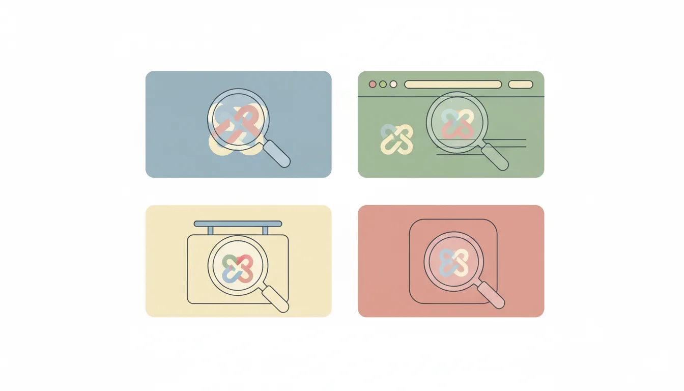 a collage showing logo applications: business card, website header, store sign, and smartphone app icon, with a magnifyi