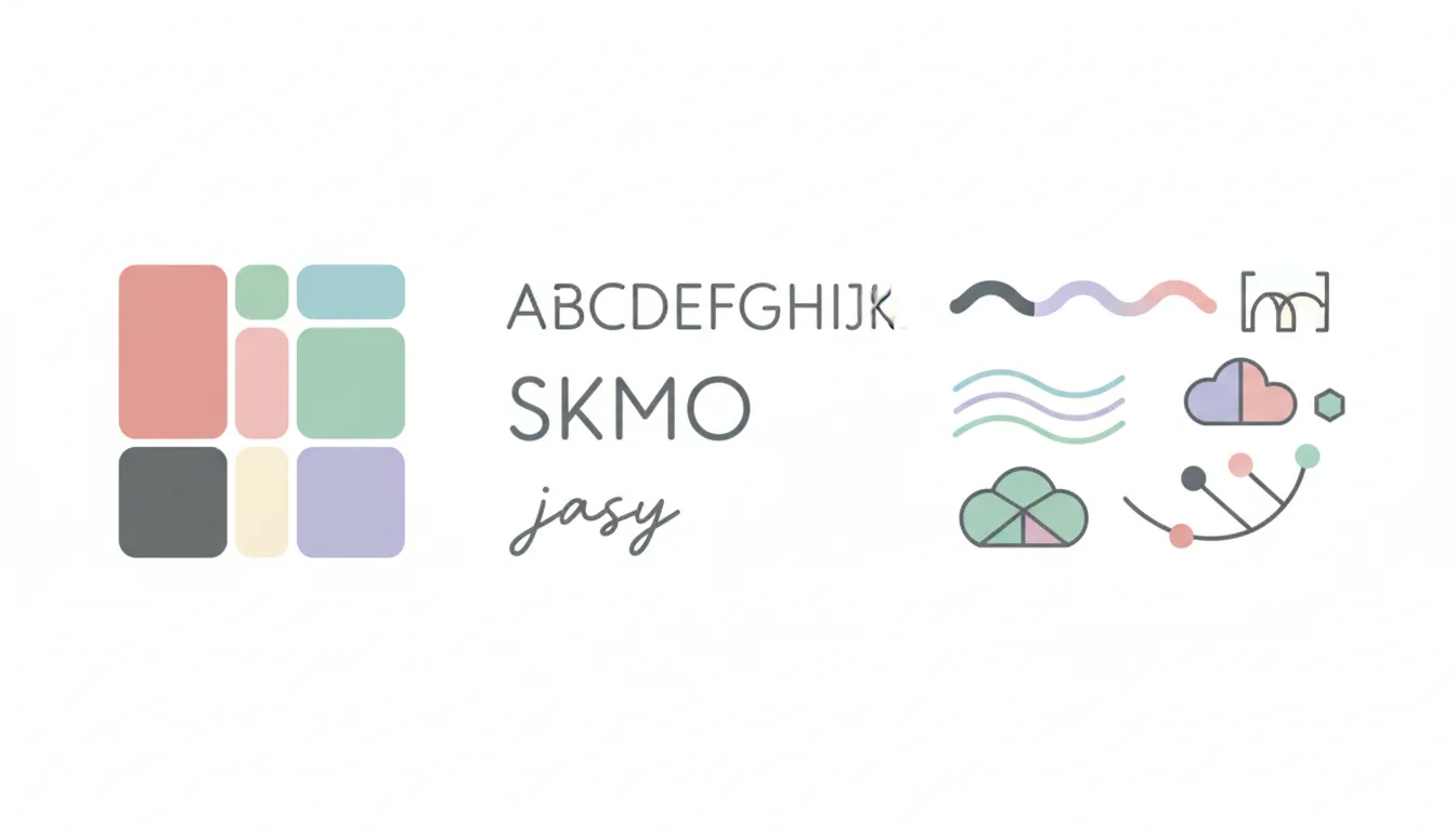 A mood board with brand colors, fonts, and abstract shapes representing brand personality, flat illustration style, soft