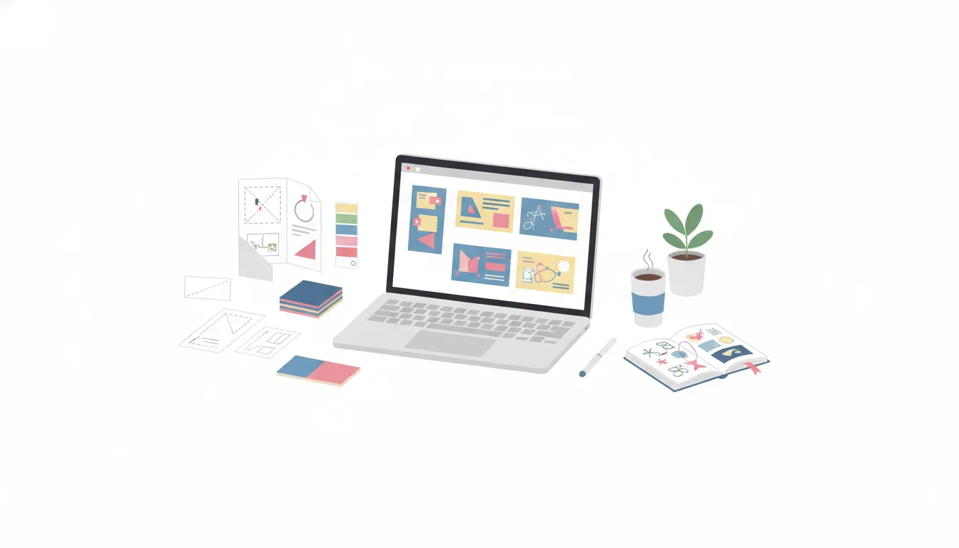 A designer's desk with paper prototypes, color swatches, and a laptop showing business card layouts, creative workspace,