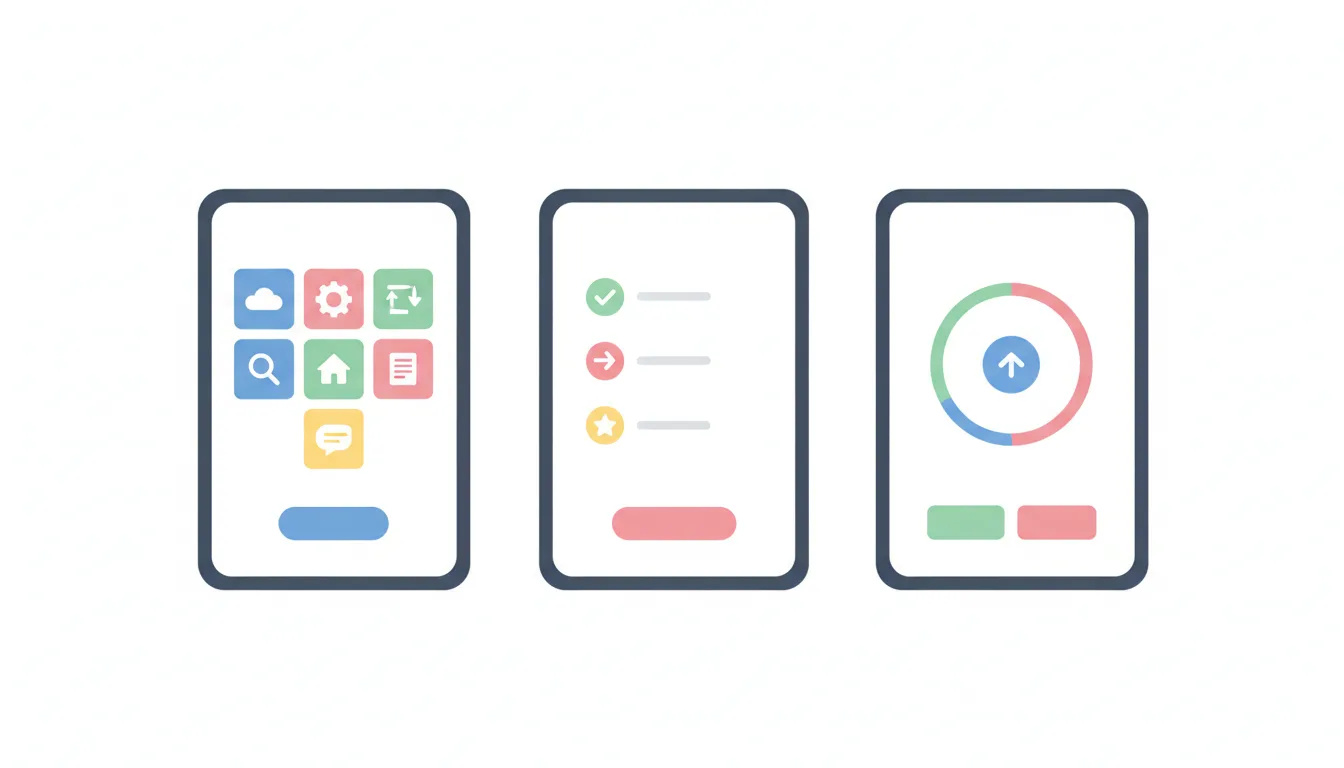 A consistent UI design showing similar icons and buttons across multiple screens, flat illustration style, clean layout