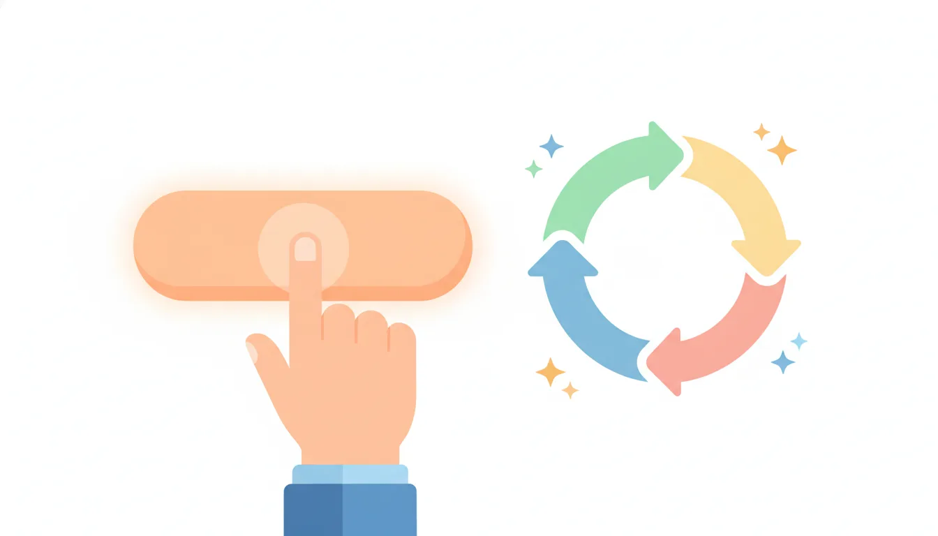 A user clicking a button and seeing a loading spinner animation, friendly cartoon style, bright colors