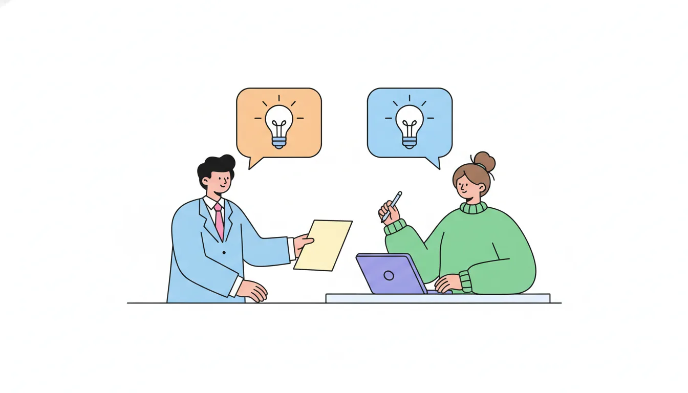 A businessperson handing a document to a designer at a desk, with speech bubbles showing a lightbulb, flat illustration 