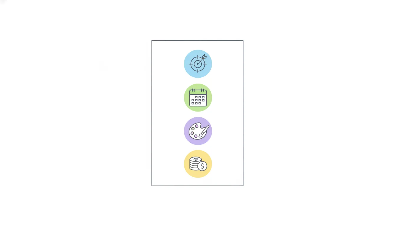 A flat illustration of a document checklist with icons like target, calendar, color palette, and money, clean design, pa